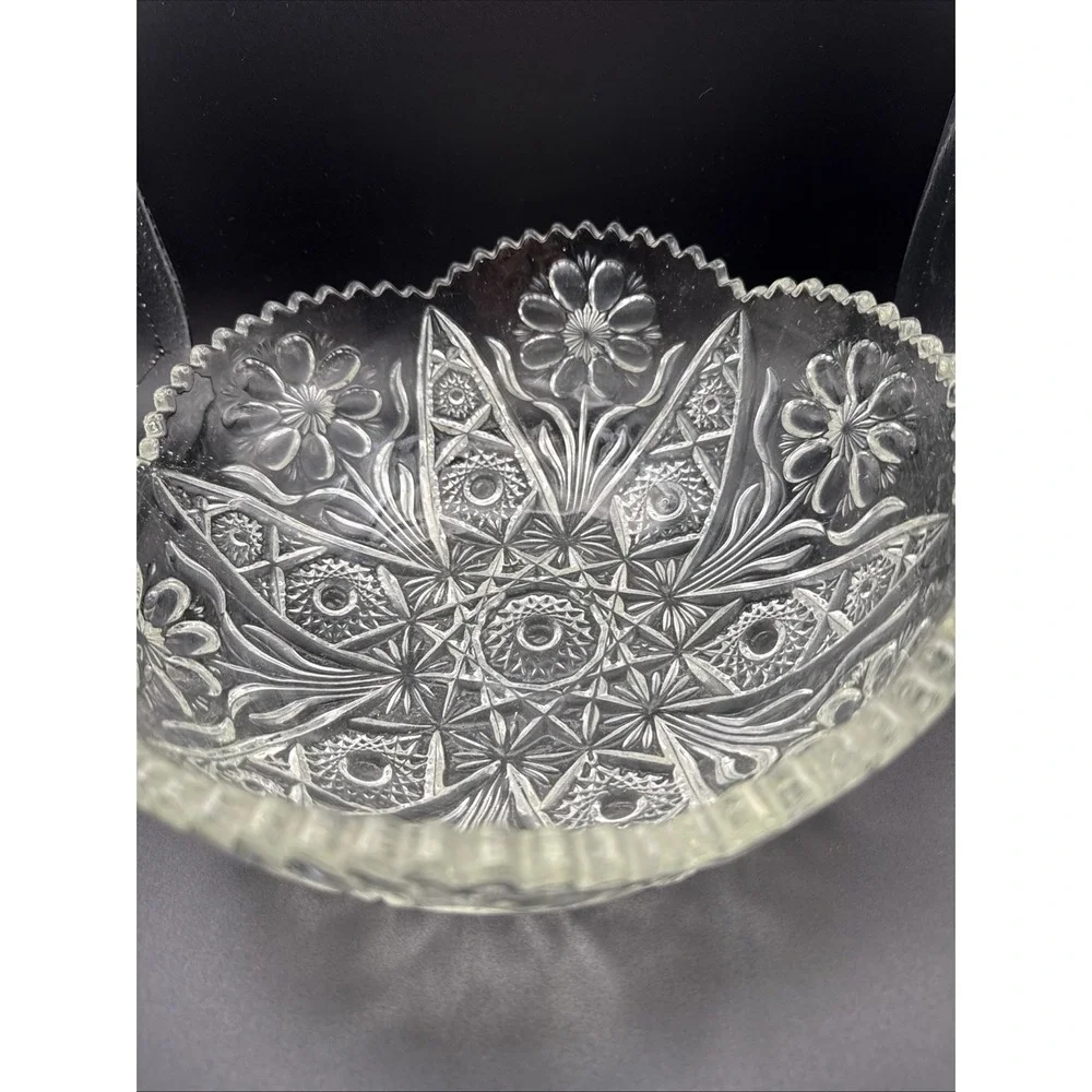 Vintage Clear Pressed Glass Floral & Geometric Bowl with Sawtooth Rim